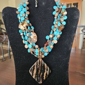 Chico's Turquoise and Brown Colored Multi-Strand Mixed Media Necklace